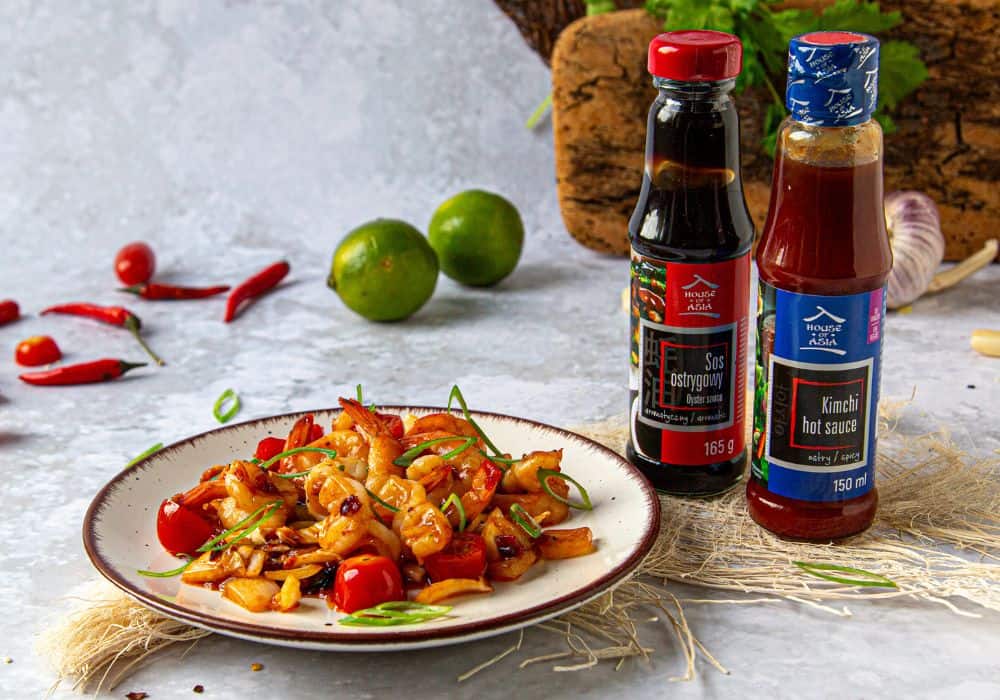 Krewetki smażone z chorizo i pastą kimchi